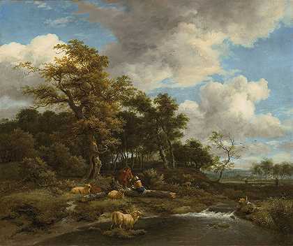 雅各布·范·鲁伊斯代尔（Jacob van Ruisdael）的《牧羊人及其羊群的森林河流风景》