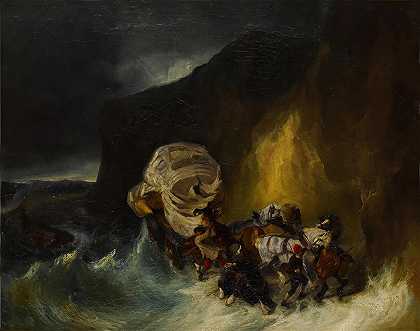 《大篷车在暴风雨中沿着海岸》，作者：Eugène Isabey