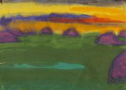 1935/1940年左右，晚间沼泽地和干草树风景。-埃米尔·诺德