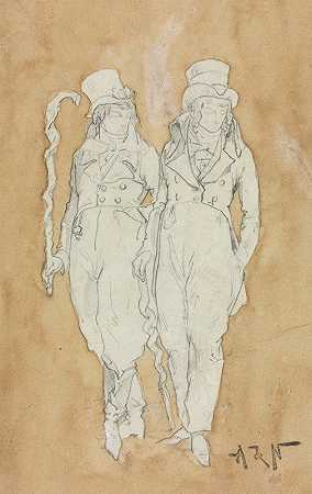 阿尔方斯·玛丽·德·诺伊维尔的《两个年轻的时尚男士（站立）》