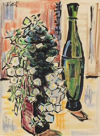 绿色花瓶的静物，1960年。-卡尔·施密特·罗特卢夫