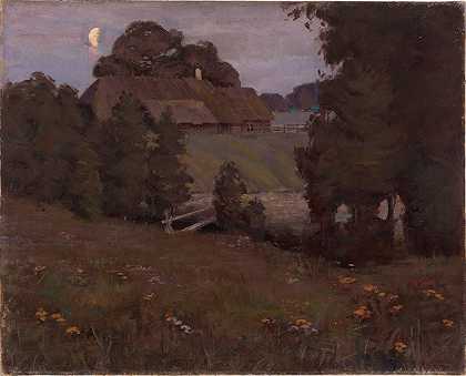 Ludvig Oskar的《风景农舍与月亮》