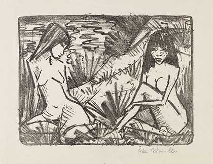 两个女孩坐在沙丘上，1921/22。-奥托·缪勒