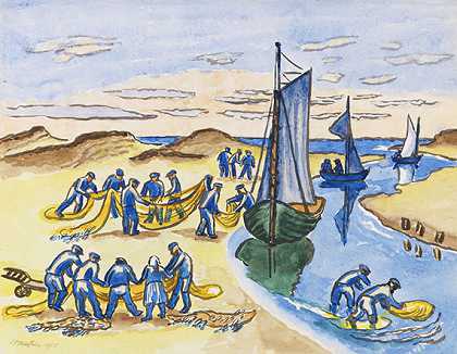 1951年，海滩上的渔民在工作。-赫尔曼·马克斯·佩赫斯坦