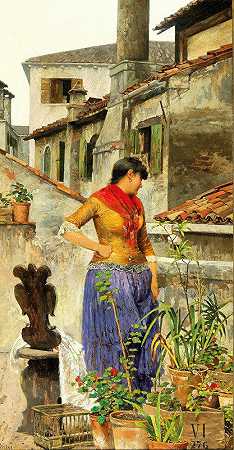 路易吉·帕斯特加的《屋顶露台上的年轻威尼斯女人》