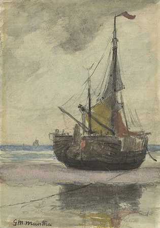 格哈德·芒特（Gerhard Munthe）的《海滩上的渔船，带肋帆》