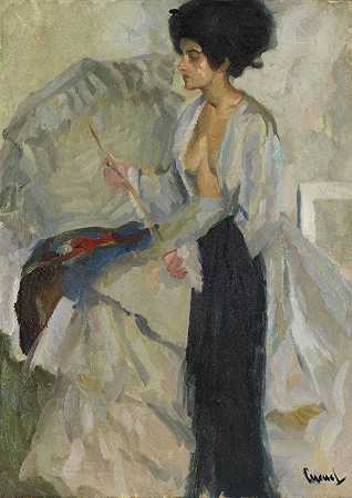 工作室里的女人，嗯，1915年。-爱德华·库库埃尔