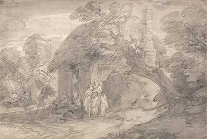 托马斯·盖恩斯伯勒的《小屋门外的树木风景与人物》