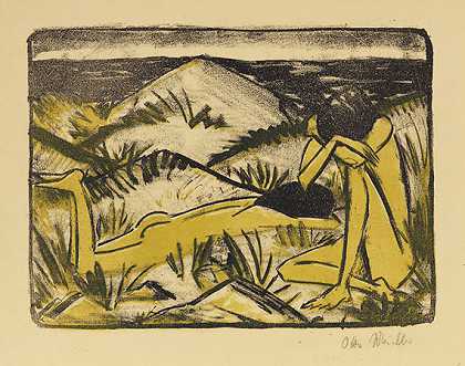 一个坐在沙丘上的女孩和一个躺着的女孩（沙丘上两个女孩，西尔特），1920-1924年。-奥托·缪勒