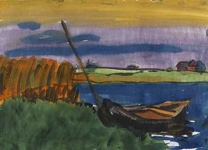 沼泽风景与渔船，1920/1925年。-埃米尔·诺德