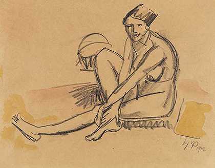 坐着的裸体女性，1912年。-赫尔曼·马克斯·佩赫斯坦