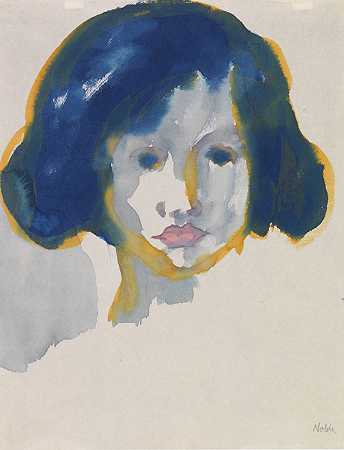 蓝色头发的女孩，大约1920/1925年。-埃米尔·诺德