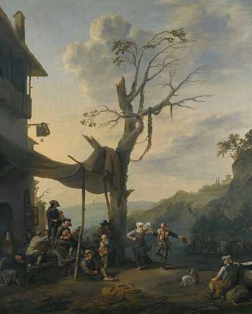 约翰内斯·林格尔巴赫（Johannes Lingelbach）的《农民在意大利山丘风景的旅馆外跳舞塔兰泰拉》