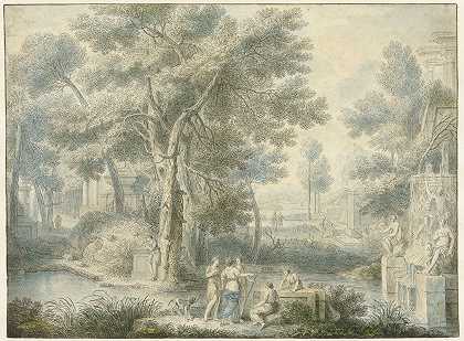 “阿卡迪亚风景，路易·法布里蒂乌斯·杜博格（Louis Fabritius Dubourg）在右边的喷泉