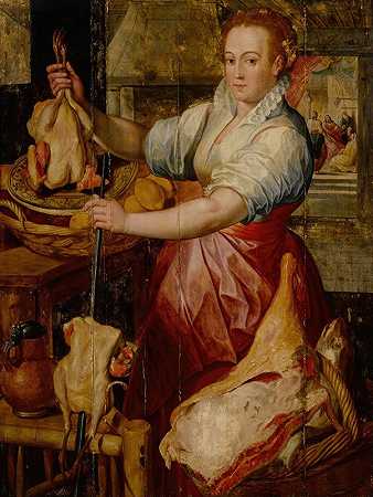 Joachim Beuckelaer工作室的厨房女佣在玛丽和玛莎的房子里与基督一起准备肉