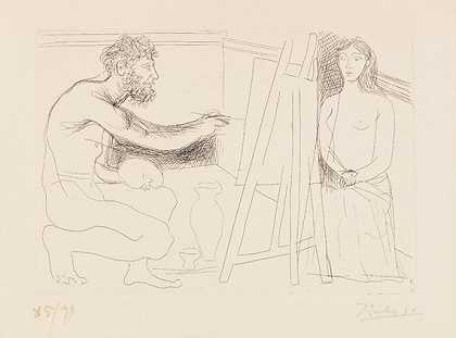 1927年，画家在画架前画了一个长发模特（澳大利亚：巴尔扎克。未知杰作）。-巴勃罗·毕加索