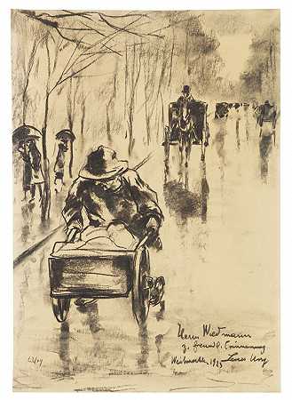 手持手推车的人（雨中的Tiergartenstraße），1923年。-小号Ury