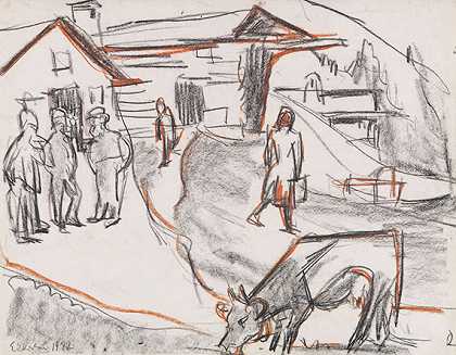 有人和放牧牛的风景：农民，1922年。-凯尔希纳