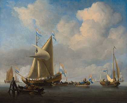 “年轻的威廉·范·德·维尔德（Willem van de Velde the Younger）在一艘美国帆船上致敬，这是一种平静