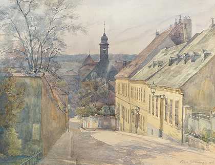 汉斯·哥廷格（Hans Götzinger）的彭津迪斯特韦格斯（Diesterweggasse）和圣罗克斯（St.Rochus）小教堂视图