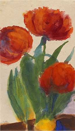 三朵红色郁金香，1950年代。-埃米尔·诺德