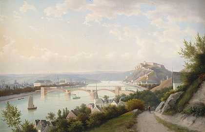 “科布伦茨附近的莱茵河风景，包括普法芬多夫大桥（建于1864年）和沃尔特·温伯格（Walther Wünnenberg）的埃伦布雷茨坦要塞