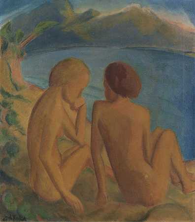 海滩上的两个女人，1921年。-埃里希·黑克尔