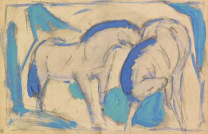 两匹马，蓝绿色，1911年。-弗朗茨·马克