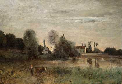 “城市Avray，由Jean-Baptiste-Camille Corot在池塘度假