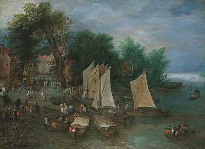 Jan Brueghel The Elder在一个村庄附近的一个登陆台，上面有船运和人物