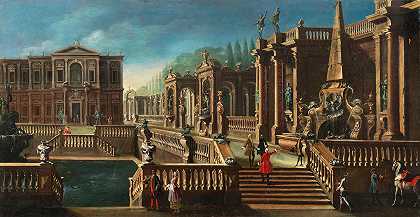 弗朗西斯科·巴塔格里奥利（Francesco Battaglioli）的《带喷泉、花园和优雅人物的别墅》
