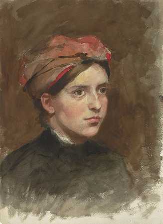Thérèse Schwartze的《戴着红色头巾的年轻女子的肖像》
