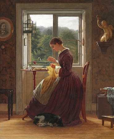 “一名妇女在窗前缝纫，同时阅读卢德维格·奥古斯特·史密斯的一封信