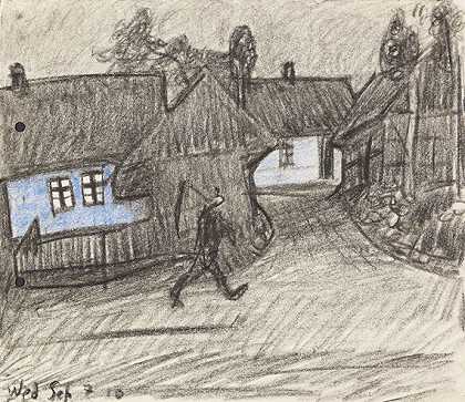 1910年，黄昏的村庄街道和拿着镰刀的人。-利奥尼·费宁格