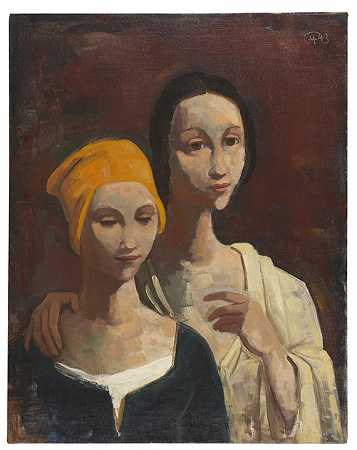 两位年轻女性的肖像，1943年。-卡尔·霍弗尔