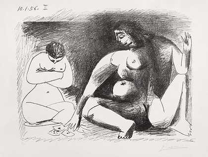 两个蹲着的女人，1956年。-巴勃罗·毕加索