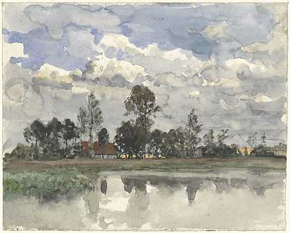 Julius Jacobus van de Sande Bakhuyzen的《多云天空中的树木在水中倒影》