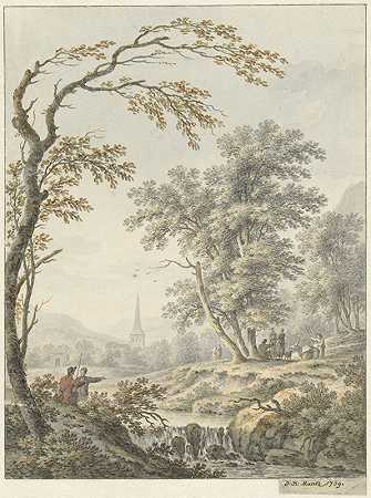 约翰·海因里希·明茨（Johann Heinrich Müntz）的《瀑布风景与远处的教堂》