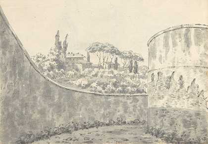 德比的约瑟夫·赖特（Joseph Wright）的《弧形墙、圆形塔和远处别墅的风景》