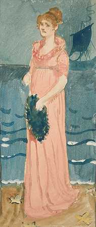 埃德温·奥斯汀·艾比（Edwin Austin Abbey）的《海滩上的女人，远处的船》（未经确认的插图）