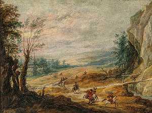 年轻的乔斯·德·蒙珀（Joos de Momper the Younger）的《一幅广阔的山区风景，骑马人追捕小偷》
