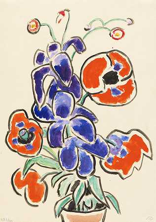 1955年，罂粟和羽扇豆的花卉静物。-加布里埃尔·明特