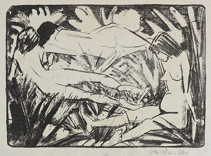 1922-1926年，草地上坐着和两个躺着的女孩（三幕）。-奥托·缪勒