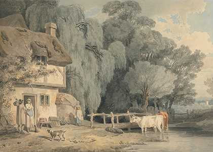 弗朗西斯·惠特利（Francis Wheatley）的《乡村场景小屋门旁的人物和小溪中的牛》