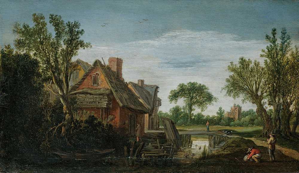 “海牙：一片树木茂盛的河流风景，在村庄旁的河岸小路上有人物，远处有一座桥，由Esaias van de Velde创作