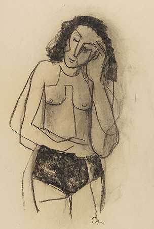 卷曲：女孩裸体。女性半裸，头部支撑，1950/1952年。-卡尔·霍弗尔