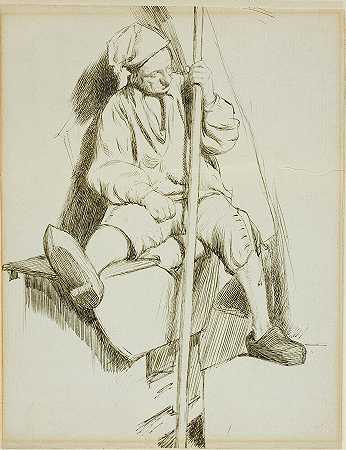 查尔斯·塞缪尔·基恩（Charles Samuel Keene）的《男人坐着，左手拿着棍子》