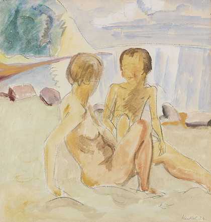 海滩上的女人和孩子，1926年。-埃里希·黑克尔