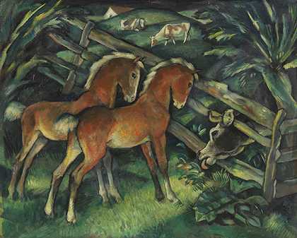 牧场上的两只小马驹和奶牛，1921年。-哈罗德·本根