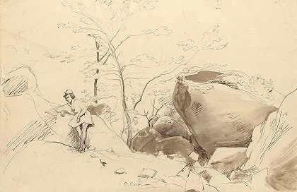 让·巴蒂斯特·卡米尔·科罗的《枫丹白露，倚靠岩石的人物》